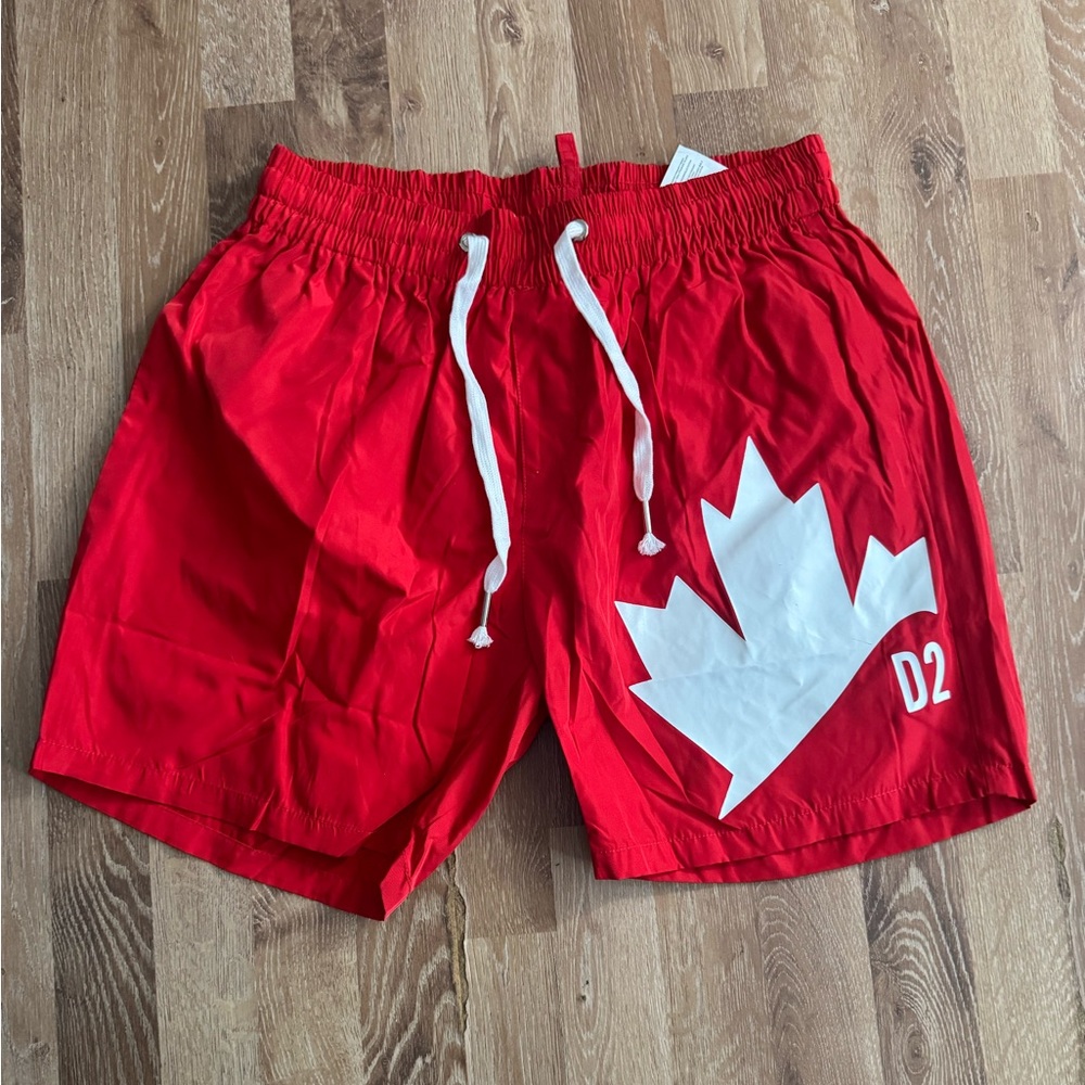 DSQUARED2 Red Swim Shorts with White Maple Graphic